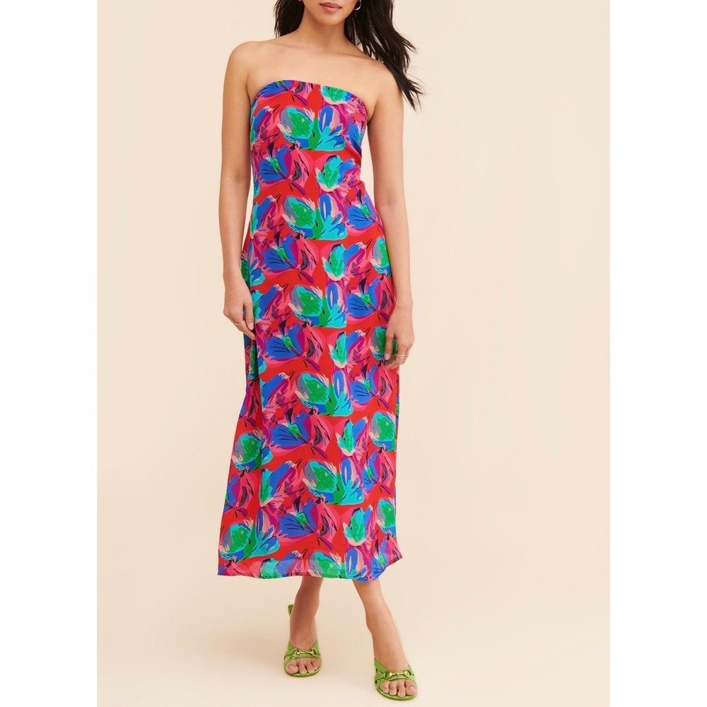 Ollari New York Strapless Floral Maxi Dress Red Blue Green Multi Size Small